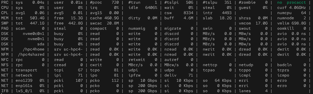 Atop system resource panel showing CPU, memory, disk, and network metrics